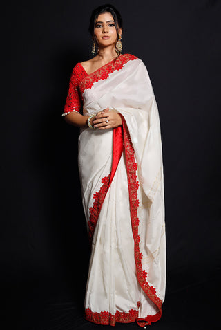 Archana Kochhar-Red Ivory Mirror Work Saree Set-INDIASPOPUP.COM