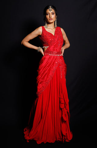 Archana Kochhar-Red Mirror Work Saree Set-INDIASPOPUP.COM