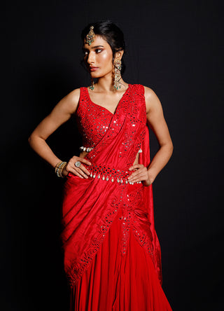 Archana Kochhar-Red Mirror Work Saree Set-INDIASPOPUP.COM