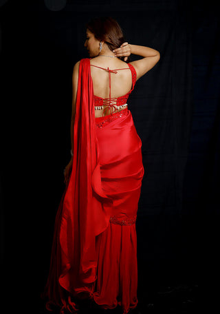 Archana Kochhar-Red Mirror Work Saree Set-INDIASPOPUP.COM