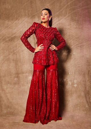 Red Embroidered Sharara Set