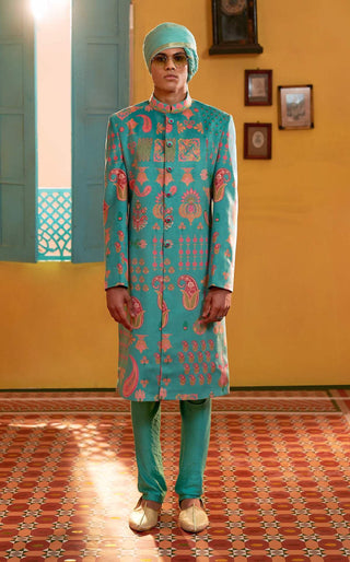 Siddhartha Bansal-Sea Green Sherwani With Churidaar-INDIASPOPUP.COM
