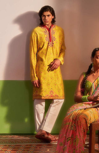Siddhartha Bansal-Yellow Ochre Embroidered Kurta Set-INDIASPOPUP.COM