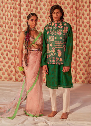 Siddhartha Bansal-Emerald Green Printed Kurta Bundi Set-INDIASPOPUP.COM