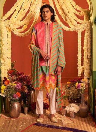 Siddhartha Bansal-Multicolor Chevron Kurta Bundi Set-INDIASPOPUP.COM