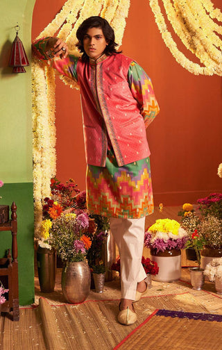 Siddhartha Bansal-Multicolor Chevron Kurta Bundi Set-INDIASPOPUP.COM