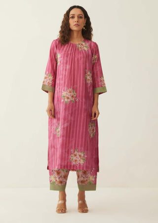Shivani Bhargava-Pink Floral Stripe Kurta And Pant-INDIASPOPUP.COM