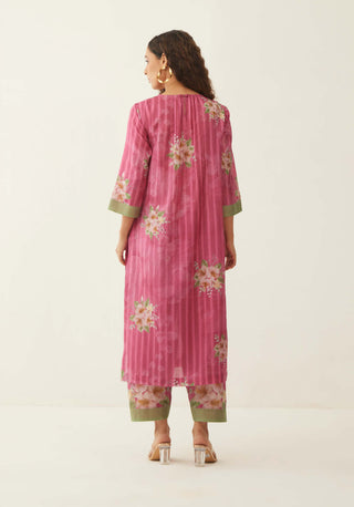 Shivani Bhargava-Pink Floral Stripe Kurta And Pant-INDIASPOPUP.COM