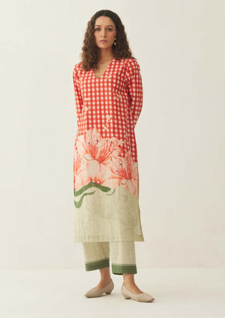 Shivani Bhargava-Red Cotton Gingham Kurta And Pant-INDIASPOPUP.COM