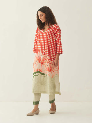 Shivani Bhargava-Red Cotton Gingham Kurta And Pant-INDIASPOPUP.COM