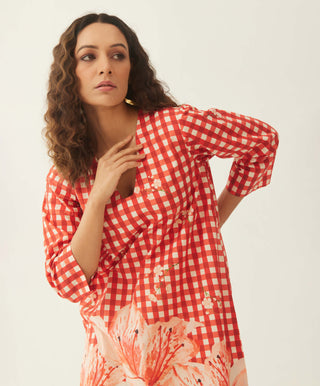 Shivani Bhargava-Red Cotton Gingham Kurta And Pant-INDIASPOPUP.COM