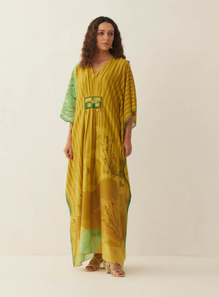 Shivani Bhargava-Green Chanderi Floral Mix Kaftan-INDIASPOPUP.COM