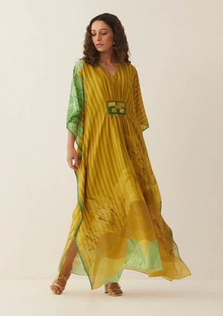 Shivani Bhargava-Green Chanderi Floral Mix Kaftan-INDIASPOPUP.COM