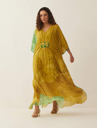 Shivani Bhargava-Green Chanderi Floral Mix Kaftan-INDIASPOPUP.COM