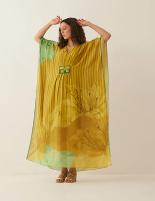 Shivani Bhargava-Green Chanderi Floral Mix Kaftan-INDIASPOPUP.COM