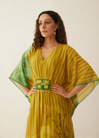 Shivani Bhargava-Green Chanderi Floral Mix Kaftan-INDIASPOPUP.COM