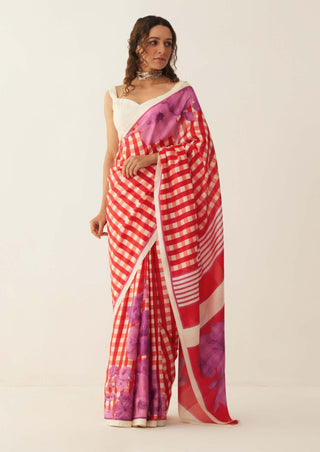 Shivani Bhargava-Red Off-White Gingham Sari-INDIASPOPUP.COM