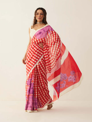 Shivani Bhargava-Red Off-White Gingham Sari-INDIASPOPUP.COM