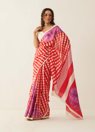 Shivani Bhargava-Red Off-White Gingham Sari-INDIASPOPUP.COM