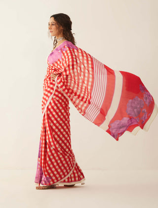 Shivani Bhargava-Red Off-White Gingham Sari-INDIASPOPUP.COM