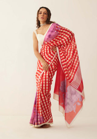 Shivani Bhargava-Red Off-White Gingham Sari-INDIASPOPUP.COM