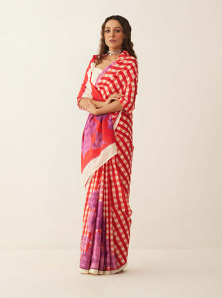 Shivani Bhargava-Red Off-White Gingham Sari-INDIASPOPUP.COM