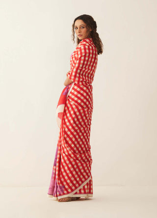 Shivani Bhargava-Red Off-White Gingham Sari-INDIASPOPUP.COM