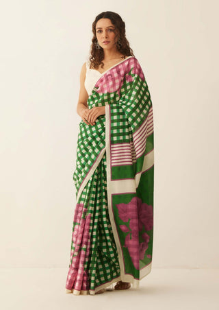 Shivani Bhargava-Green Off-White Gingham Sari-INDIASPOPUP.COM