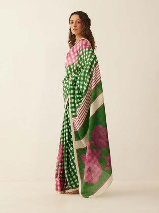Shivani Bhargava-Green Off-White Gingham Sari-INDIASPOPUP.COM