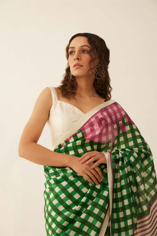 Shivani Bhargava-Green Off-White Gingham Sari-INDIASPOPUP.COM