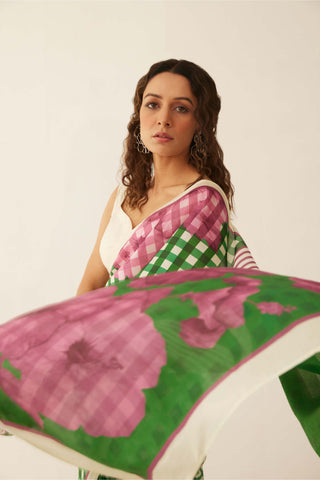 Shivani Bhargava-Green Off-White Gingham Sari-INDIASPOPUP.COM