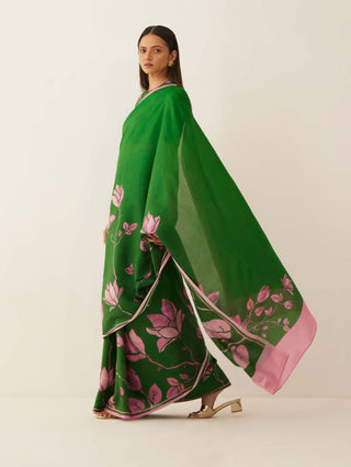 Shivani Bhargava-Green Pink Floral Silk Sari With Unstitched Blouse-INDIASPOPUP.COM