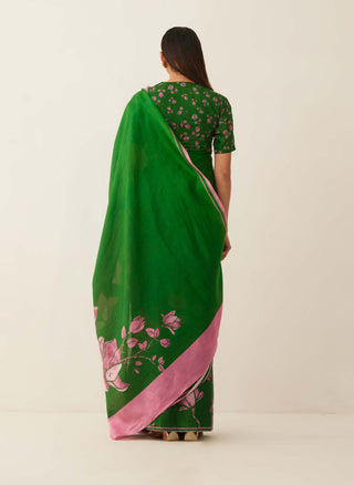 Shivani Bhargava-Green Pink Floral Silk Sari With Unstitched Blouse-INDIASPOPUP.COM