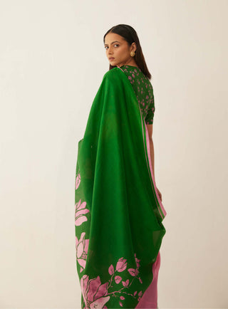 Shivani Bhargava-Green Pink Floral Silk Sari With Unstitched Blouse-INDIASPOPUP.COM