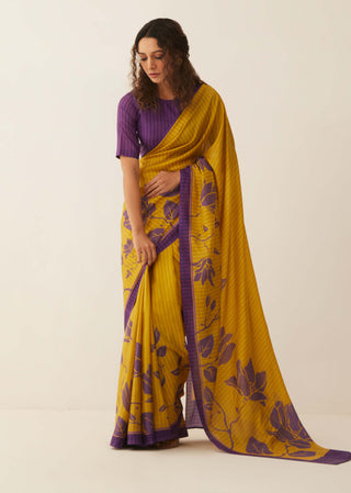 Shivani Bhargava-Mustard Purple Floral Silk Sari With Unstitched Blouse-INDIASPOPUP.COM
