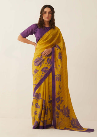 Shivani Bhargava-Mustard Purple Floral Silk Sari With Unstitched Blouse-INDIASPOPUP.COM