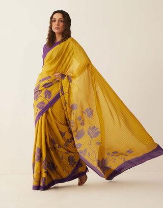 Shivani Bhargava-Mustard Purple Floral Silk Sari With Unstitched Blouse-INDIASPOPUP.COM