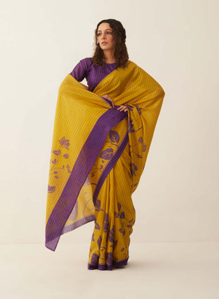 Shivani Bhargava-Mustard Purple Floral Silk Sari With Unstitched Blouse-INDIASPOPUP.COM