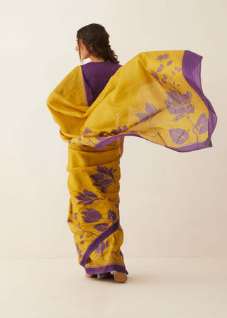 Shivani Bhargava-Mustard Purple Floral Silk Sari With Unstitched Blouse-INDIASPOPUP.COM