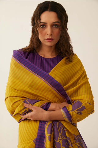 Shivani Bhargava-Mustard Purple Floral Silk Sari With Unstitched Blouse-INDIASPOPUP.COM