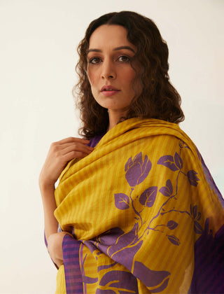 Shivani Bhargava-Mustard Purple Floral Silk Sari With Unstitched Blouse-INDIASPOPUP.COM