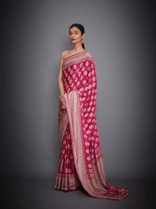 Ri.Ritu Kumar-Fuchsia Floral Saree With Unstitched Blouse-INDIASPOPUP.COM