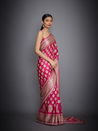 Ri.Ritu Kumar-Fuchsia Floral Saree With Unstitched Blouse-INDIASPOPUP.COM