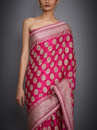 Ri.Ritu Kumar-Fuchsia Floral Saree With Unstitched Blouse-INDIASPOPUP.COM