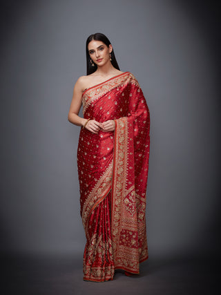 Ri.Ritu Kumar-Red Saffron Saree With Unstitched Blouse-INDIASPOPUP.COM