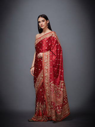 Ri.Ritu Kumar-Red Saffron Saree With Unstitched Blouse-INDIASPOPUP.COM
