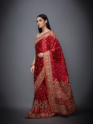 Ri.Ritu Kumar-Red Saffron Saree With Unstitched Blouse-INDIASPOPUP.COM