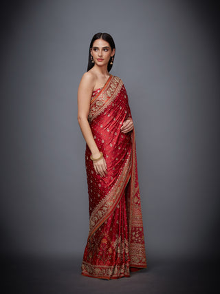 Ri.Ritu Kumar-Red Saffron Saree With Unstitched Blouse-INDIASPOPUP.COM