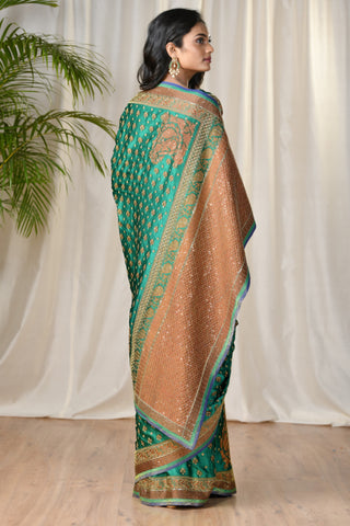Ritu Kumar - Green Embroidered Paisley Saree - INDIASPOPUP.COM