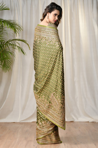Ritu Kumar - Green Embroidered Paisley Saree - INDIASPOPUP.COM